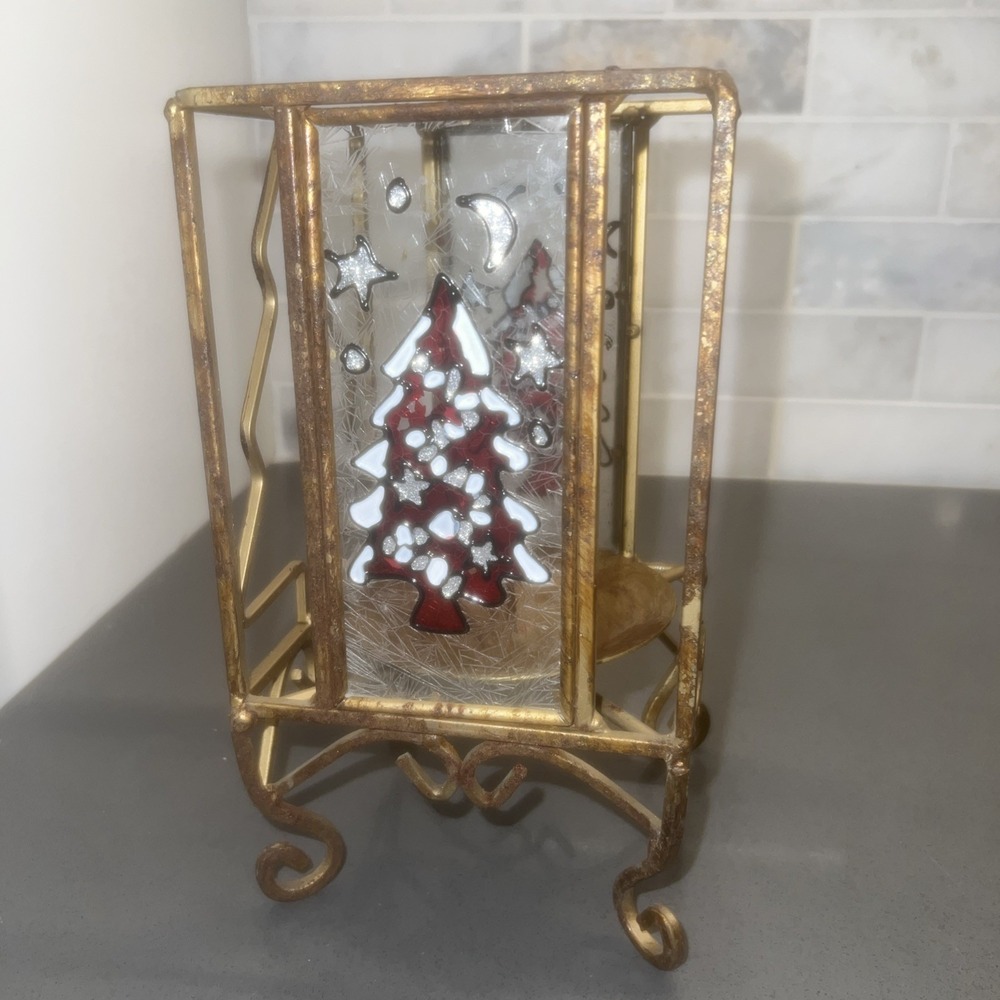 VTG Heavy Metal Frosted Glass Christmas Tree Painted Pedestal Candle Holder 8"
